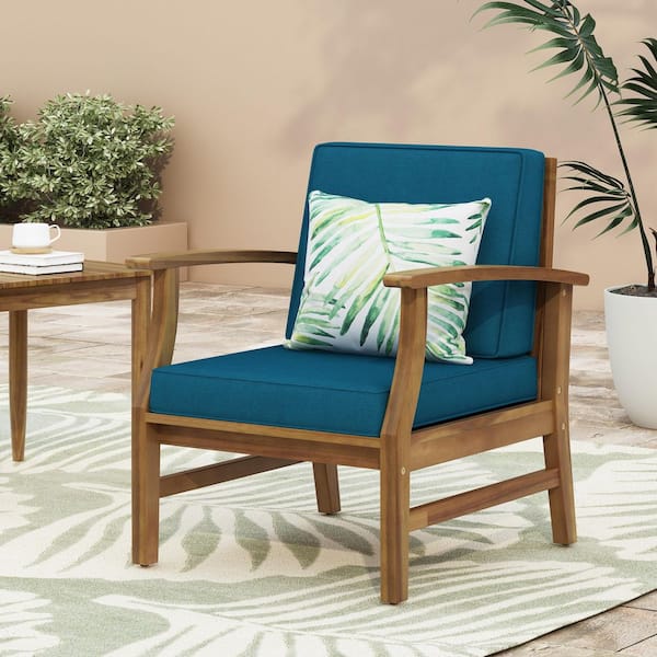 Acacia Wood Outdoor Lounge Chair with Blue Cushion 0BLU-TOP - The