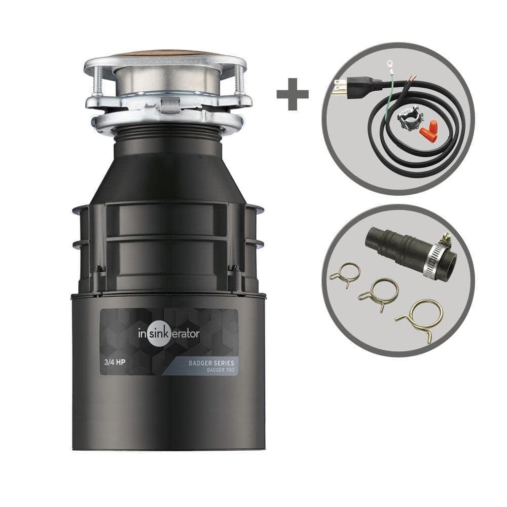 Badger 700, 3/4 HP Continuous Feed Kitchen Garbage Disposal with Power Cord and Dishwasher Connector, Badger Series