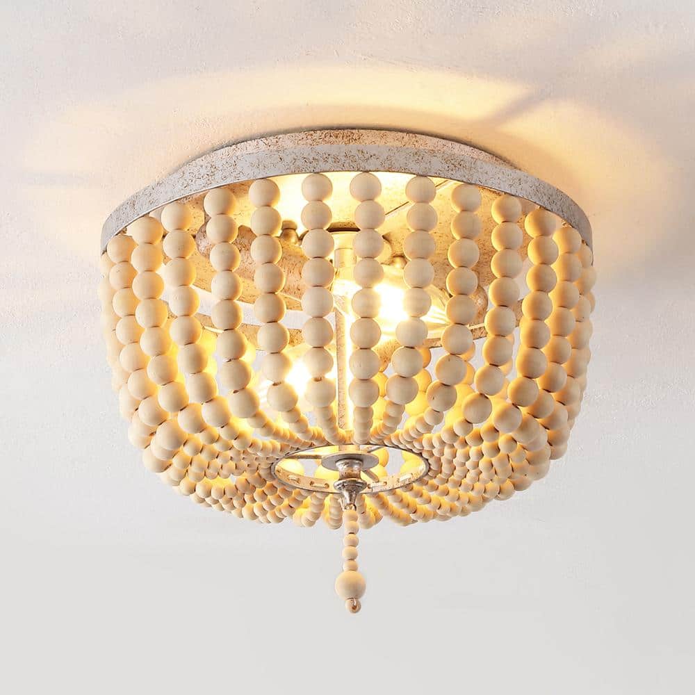 Antique Silver and Cream Wood Beaded Farmhouse Flush Mount Light
