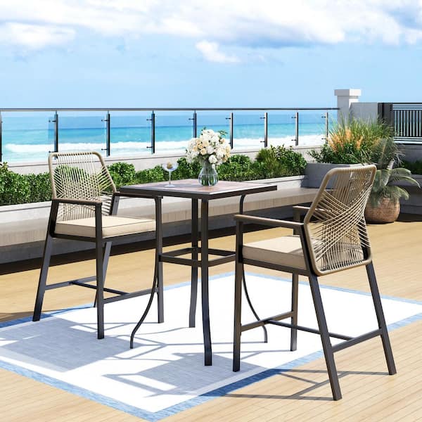 PHI VILLA Black 3-Piece Metal Patio Bar Height Outdoor Dining Set with ...