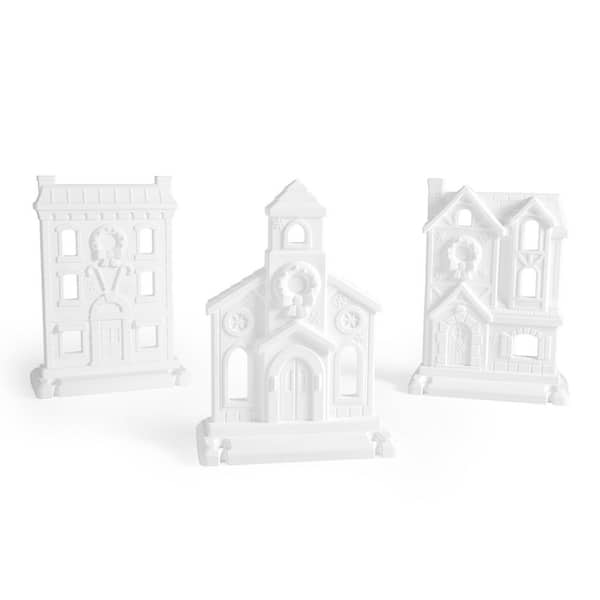 32.2 in. Large White Plastic Christmas Village Outdoor Yard Decor with Paintable Finish, 3-Piece Set