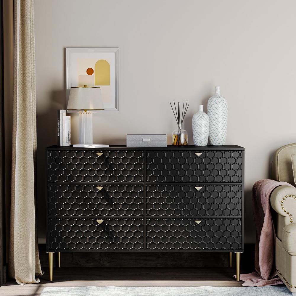 Black Modern Indoor Accent Storage Cabinet with 6 Drawers
