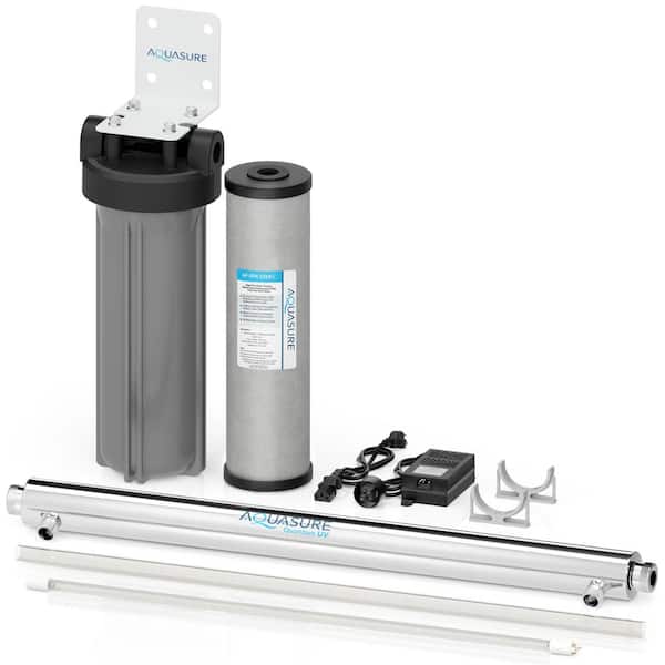 AQUASURE Quantum Series Whole House UV Water Filtration System with Triple Purpose and Siliphos Water Filter - 12GPM Chrome