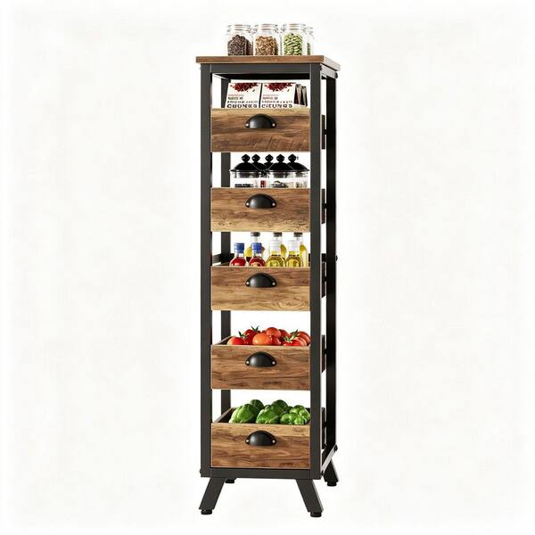 5-Tier Wooden Kitchen Storage Rack with Baskets - Fruit, Vegetables and Snacks Organizer