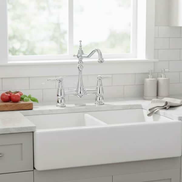 Deck Mounted Double Handle Bridge Kitchen Faucet, Bridge Basin Faucet with Hole Cover in Polished Chrome