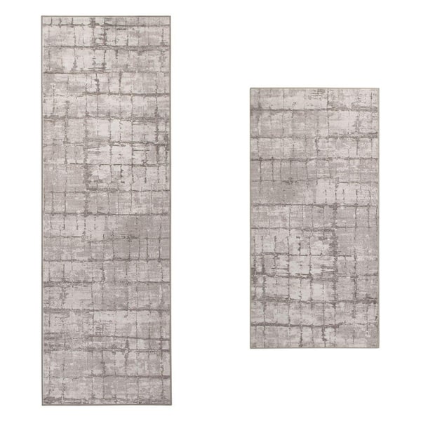 Theo Dusty Beige 2 ft. x 6 ft. Woven Abstract Polyester 2-Piece Set Area Rug