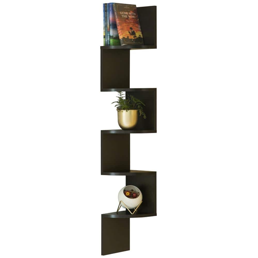 Black Wood 5-Tier Wall Mount Corner Shelf