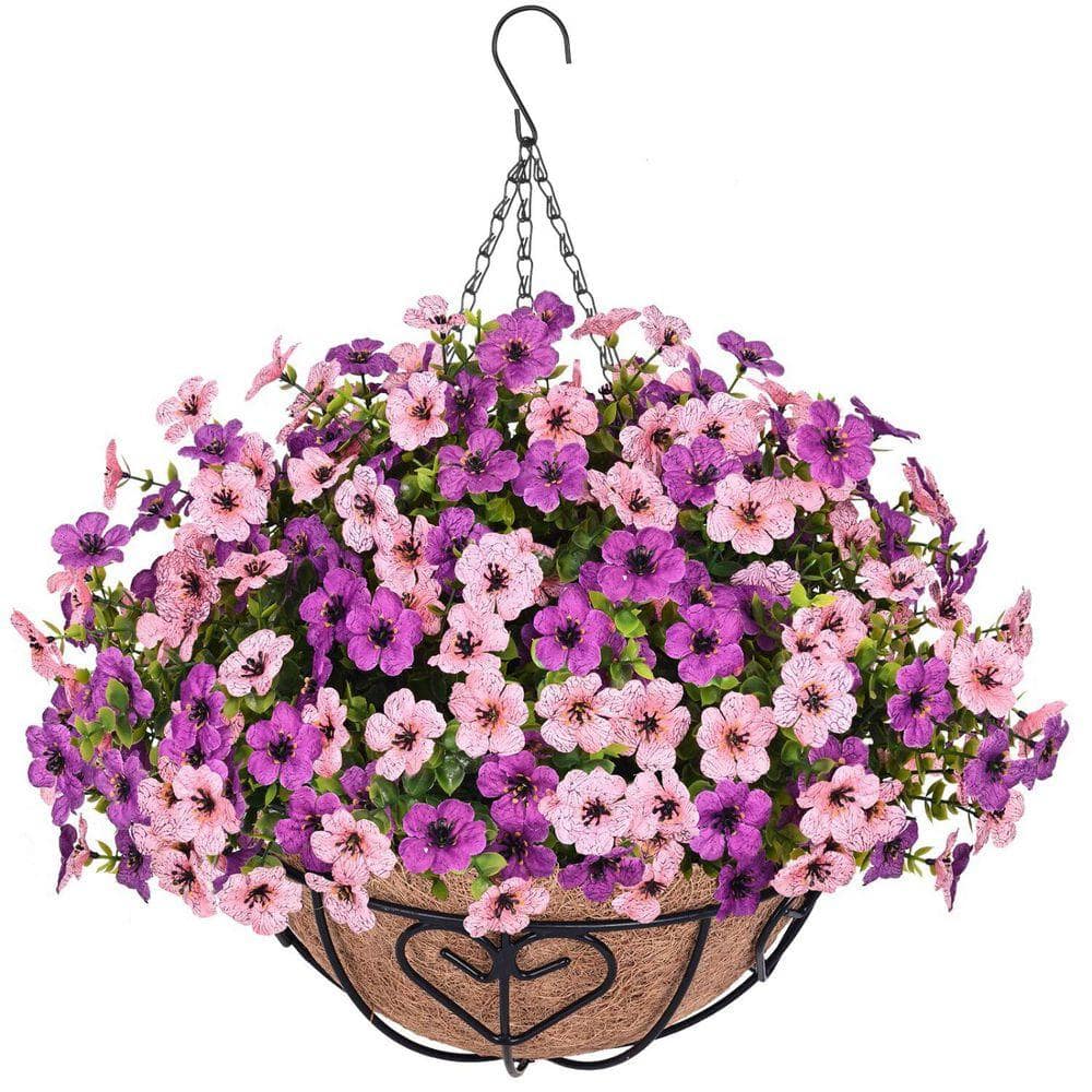 20.5 in. H Pink Artificial Hanging Flowers in Basket, Faux Boxwood