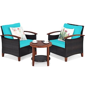 3-Piece Wicker Outdoor Bistro Set with Turquoise Cushions