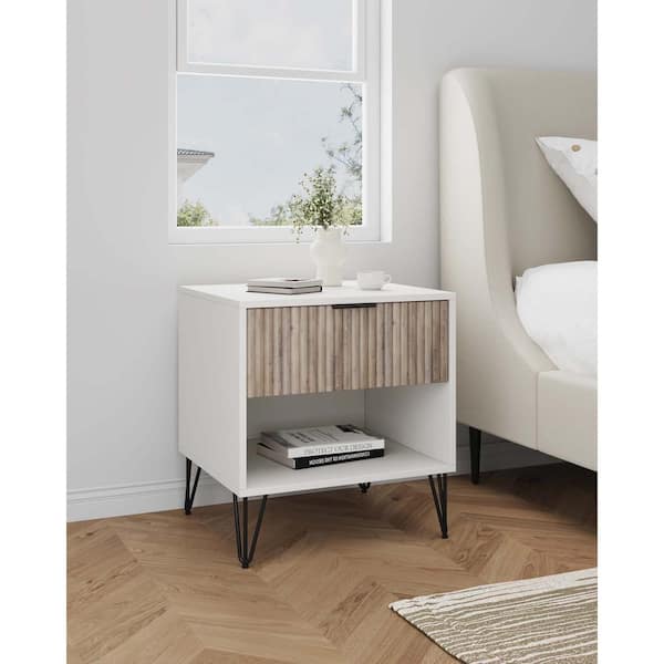 Manhattan Comfort DUMBO Modern White and Rustic Grey 1-Drawer 20.07 in. W Nightstand with SNAP Assembly - Tool-Free, Effortless Setup