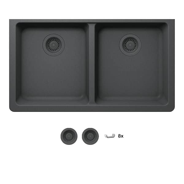Glacier Bay Stonehaven 33 in. Undermount 50/50 Double Bowl Charcoal Gray Granite Composite Kitchen Sink with Charcoal Strainer
