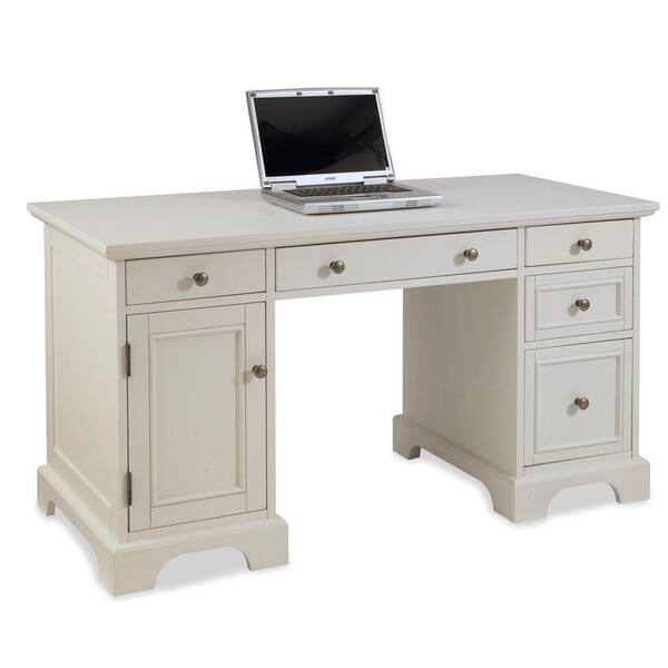 HOMESTYLES 54 in. Rectangular White 5 Drawer Computer Desk with Solid Wood Material