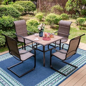Black 5-Piece Metal Outdoor Patio Dining Set with Wood-Look Square Table and High Back C-Spring Textilene Chairs