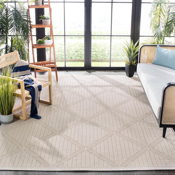 Bermuda Cream/Beige 8 ft. x 8 ft. Square Geometric Border Indoor/Outdoor Area Rug