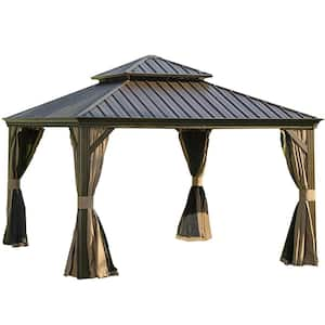 12 ft. x 12 ft. Brown Outdoor Aluminum Gazebo with Galvanized Steel Double Canopy Curtains and Netting for Deck Backyard