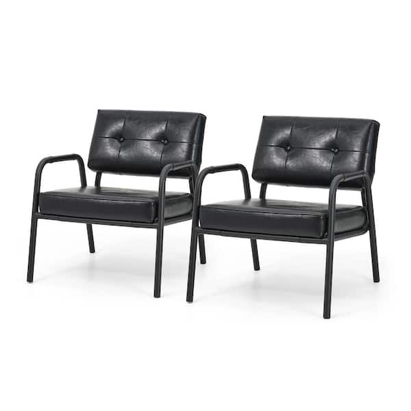 Set of 2 Mid-Century Modern Black Leatherette Arm Accent Chair With Frosted Black Metal Frame
