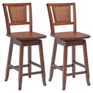 39 in. Brown Wood Low Back Swivel Bar Stool Rubber Wood Pub Chairs With Rattan Back Set of 2