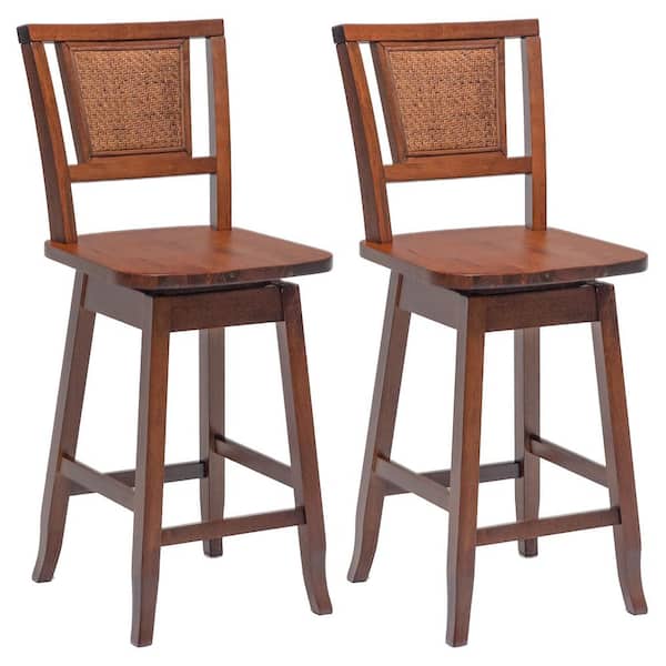 Costway 39 in. Brown Wood Low Back Swivel Bar Stool Rubber Wood Pub Chairs With Rattan Back Set of 2