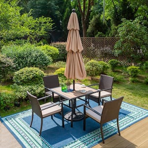 Black 6-Piece Metal Square Table Patio Outdoor Dining Set with Beige Umbrella and Rattan Chairs with Beige Cushion