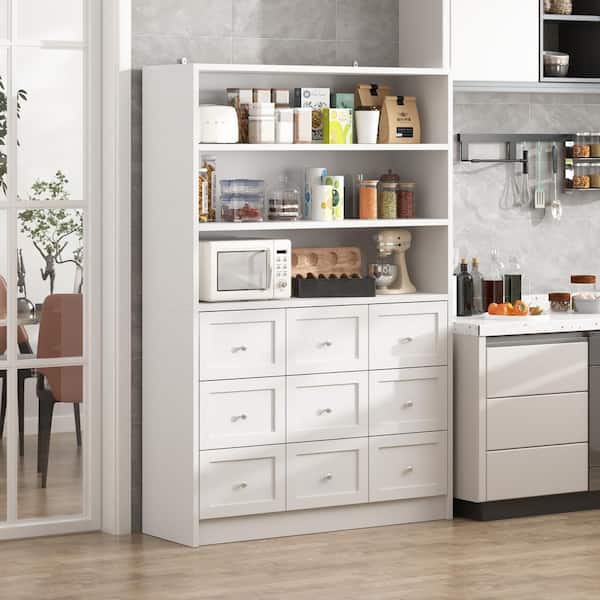 FUFU&GAGA White 78.7 in. H Accent Storage Cabinet, Office Storage Cabinet, Sideboard, Bookcase with 3-Sheleves and 9-Drawers