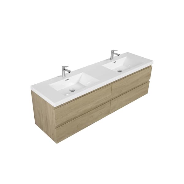 72 in. W Double Sink Floating Bath Vanity in Natural Oak with White Solid Surface Sink Top
