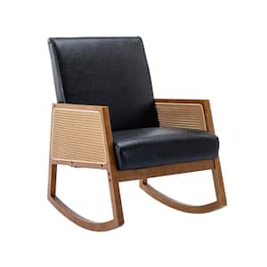 Modern Comfy Upholstered Black Faux Leather Glider Rocker Armchair with Rattan Arms