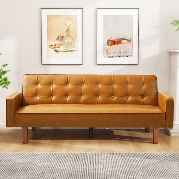 Modern 38 in. Brown Twin Size Faux Leather Sofa Bed Convertible Sleeper Couch with Armrests for Studio, Office