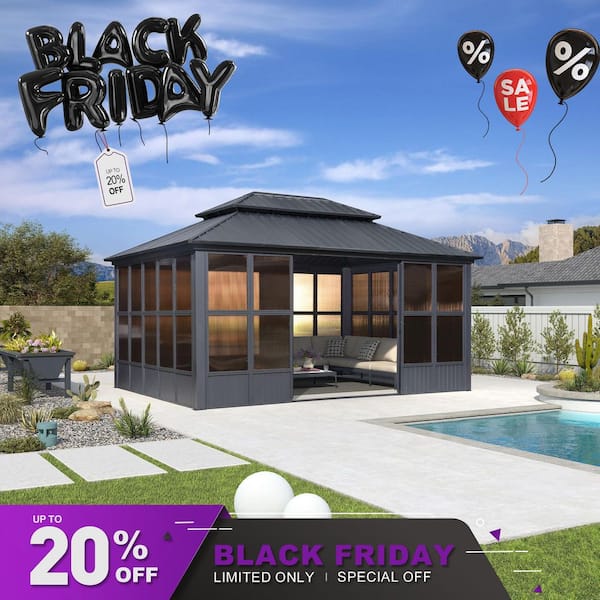 12ft.x16ft. Sunroom Hardtop Gazebo Solarium Galvanized Steel Double Roof Aluminum PC Mesh Screen House for Backyard Gray