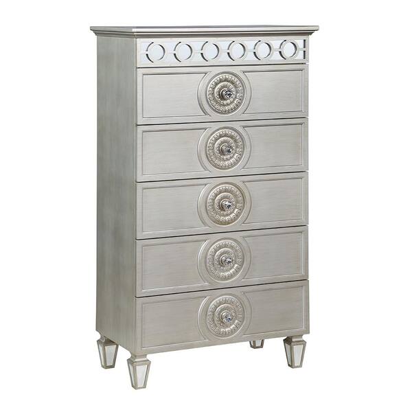 Acme Furniture Varian Silver & Mirrored Finish 5 Drawers 17 in. Wide ...