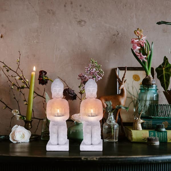 12.8 in. H Gray Cement Buddha Garden Statue Tealight Candle Holder Ornament (2-Pack)