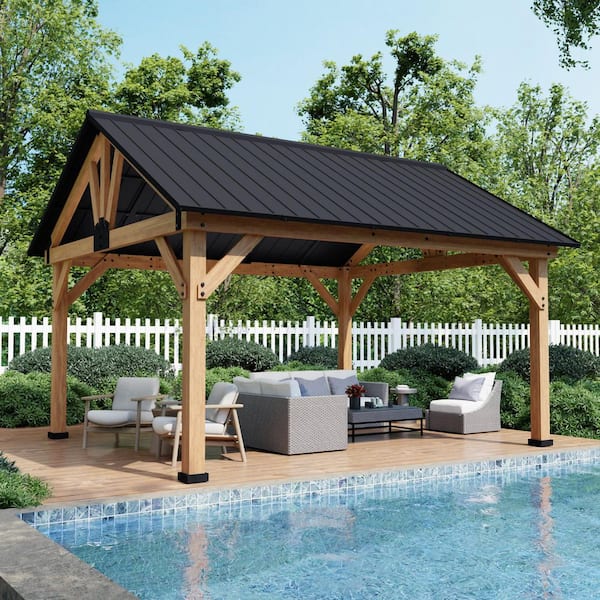 15 ft. x 13 ft. Outdoor Solid Cedar Wood Patio Hardtop Gazebo with Ceiling Hook and Black Galvanized Steel Roof