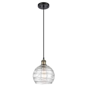Athens Deco Swirl 1-Light Black Antique Brass Shaded Pendant Light with Clear Deco Swirl Glass Shade