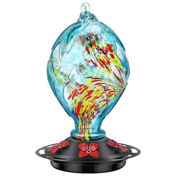 Phewnyzo Unique Blue Glass Hanging Humming Bird Nectar Feeder-30 oz. with Ant Moat (1-Pack)