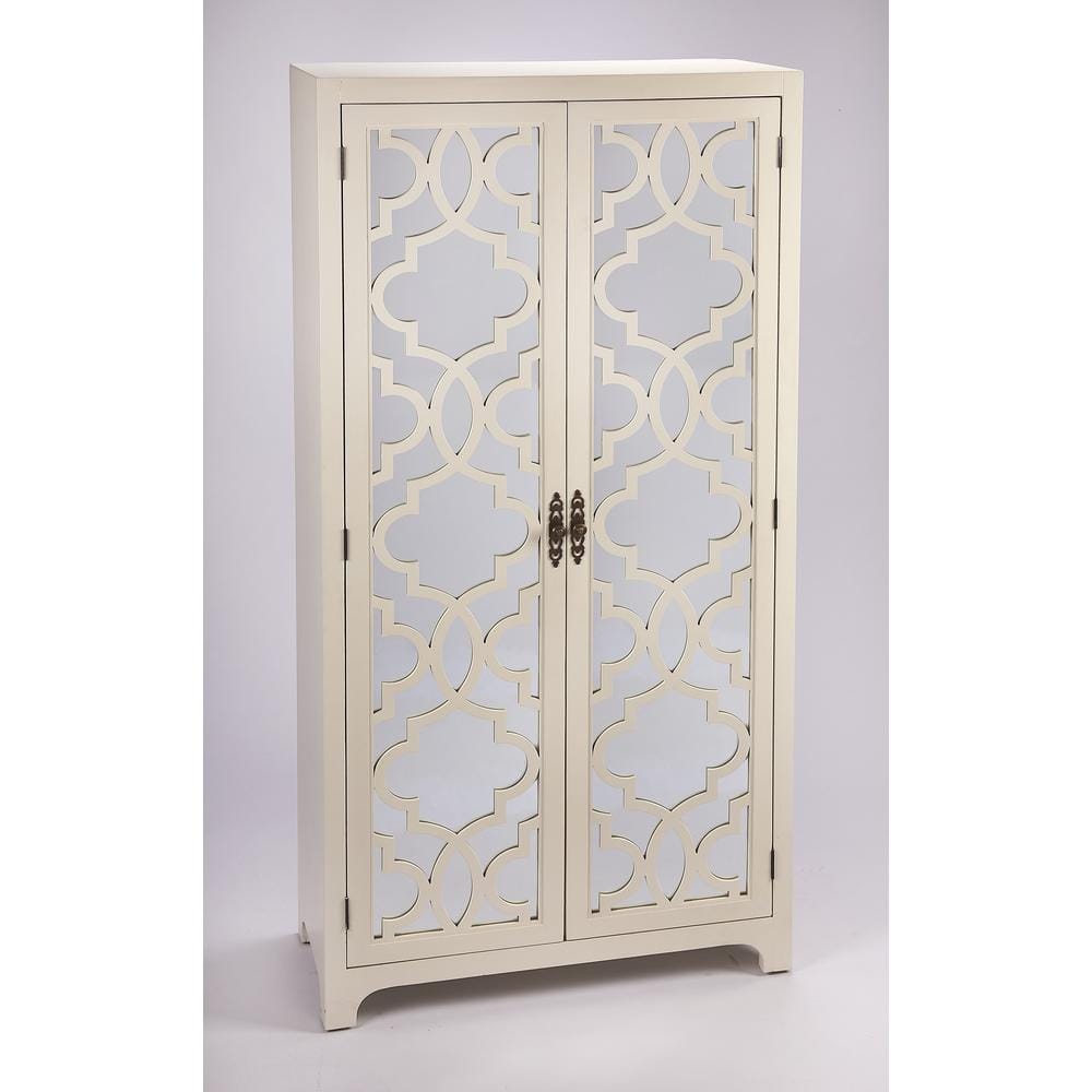 Elegant White Mirrored Armoire with Trellis Pattern and Brass Handles