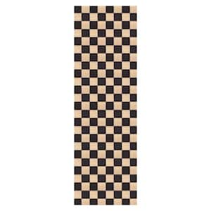 Heavey Duty Checkered Black and Beige 31 in. W x 5 ft. L Indoor/Outdoor Runner Rug