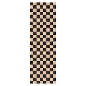 Heavey Duty Checkered Black and Beige 31 in. W x 9 ft. L Indoor/Outdoor Runner Rug