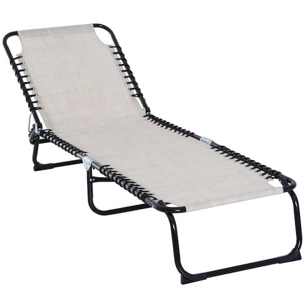 Zeus & Ruta Cream White Folding Outdoor Chaise Lounge Chair with 4-Position Reclining Back, Breathable Mesh Seat