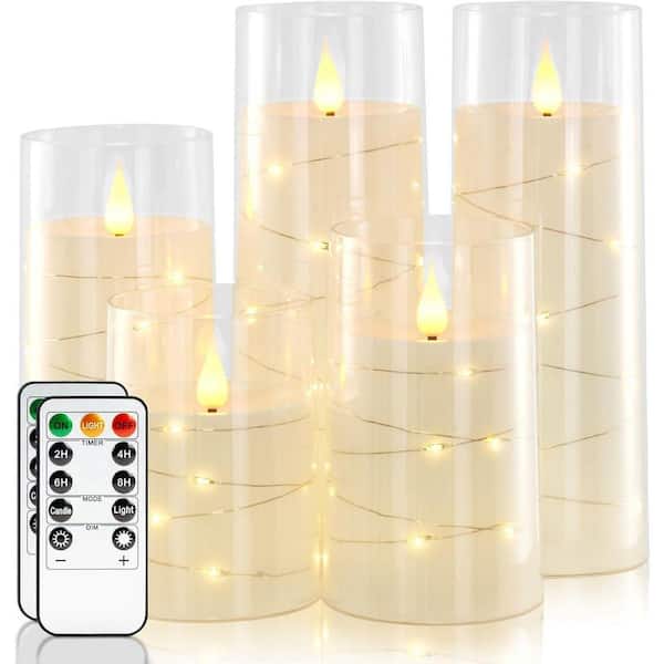 Flameless Candles with Embedded Star String Fairy Lights, Battery Operated Candles 5-Pack White