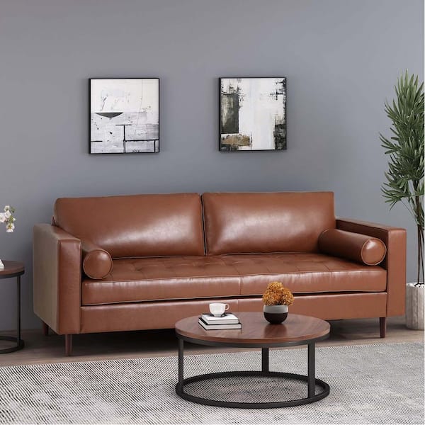 Modern 82.25 in. Square Arm Faux Leather 3-Seat Rectangle Sofa in. Light Brown with Tufted Design, 2-Bolster Pillows