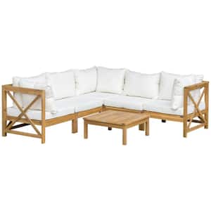 6-Piece Wood Outdoor Sofa Sectional Set with Cream White Cushions and 8 Pillows