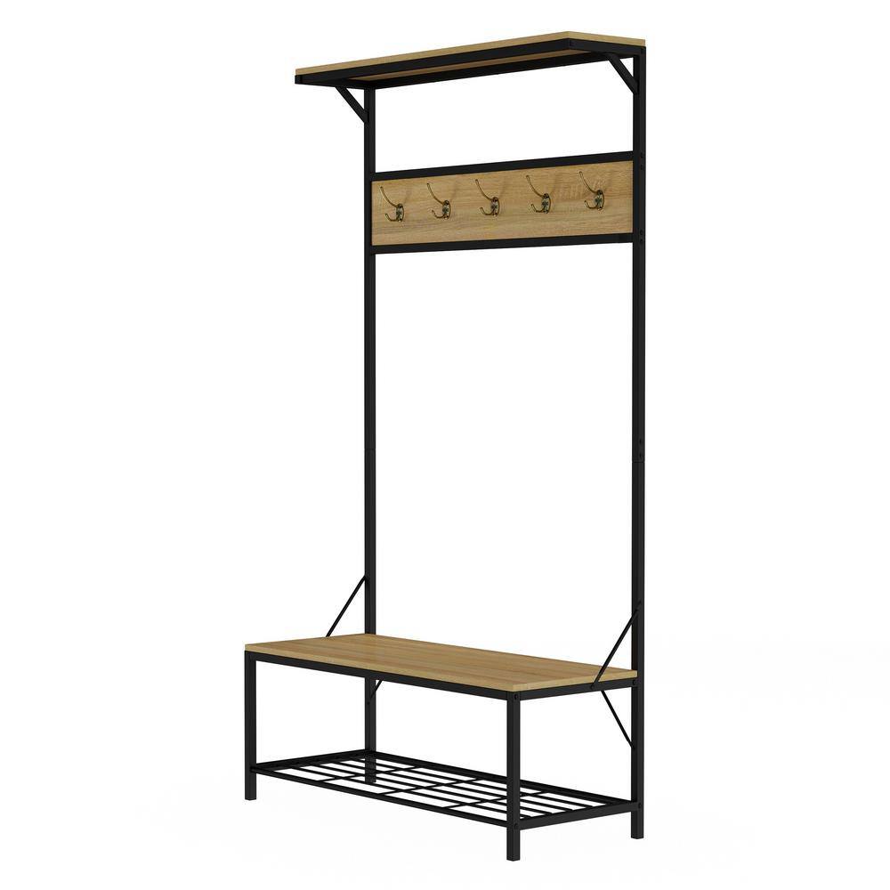 Rustic Black and Woodgrain Hall Tree with Storage Bench