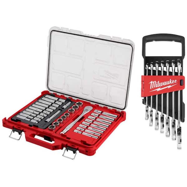 Milwaukee 1/2 in. Drive SAE/Metric Ratchet & Socket Tool Set w/ FlexHead Ratcheting Combination Wrench Set Metric (54-Piece)