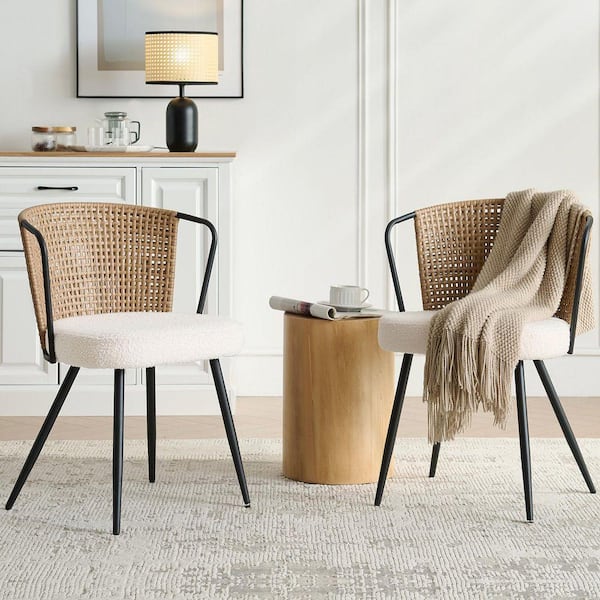 Dining Chair Set of 2, Upholstered Kitchen and Dining Room Chairs Accent Chairs with Rattan Backrest, Beige