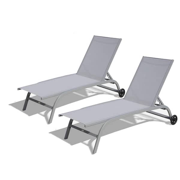 Sudzendf Metal Outdoor Patio Chaise Lounge with Adjustable Backrest in Gray (Set of 2)