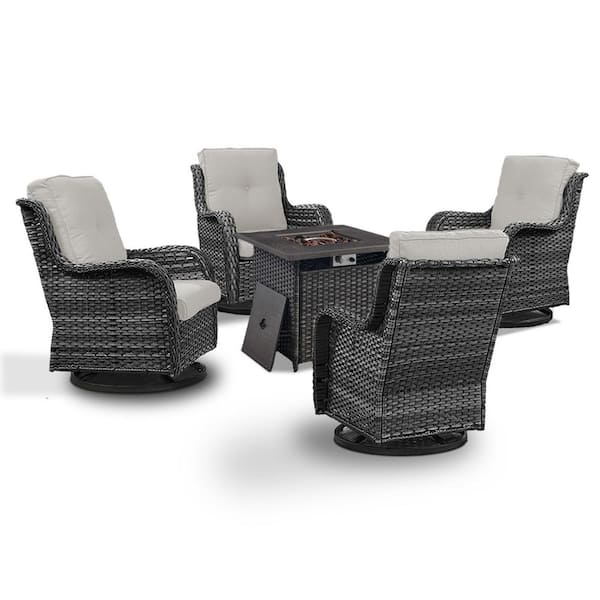 Pocassy 5 Piece Gray Wicker Patio Rocking Chairs for 4 with 30 Inch Gas Propane Fire Pit Table Outdoor Rocking Chair Sets Gray