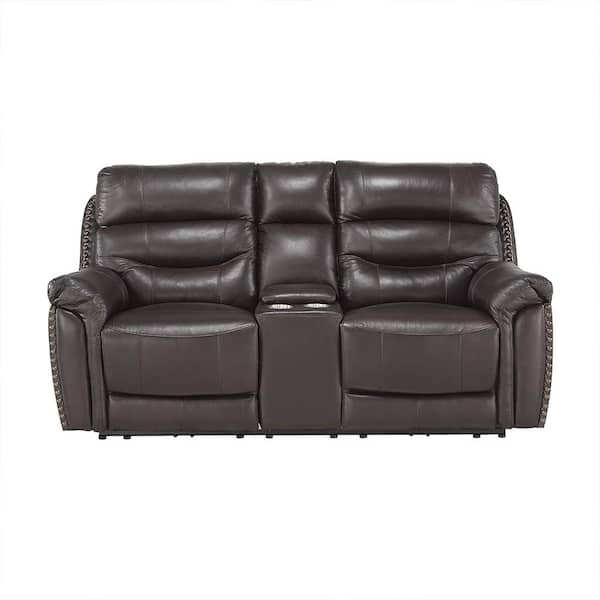 Lazzara Moapa 77.5 in. W Brown Leather Match Power Double Reclining Loveseat with Center Console, Power Headrests and USB Ports