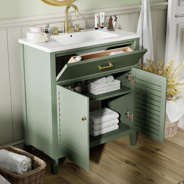 30 in. W Single Sink Bath Vanity in Green with White Ceramic Top, Breathable Louvered Door Designs, Adjustable Shelf