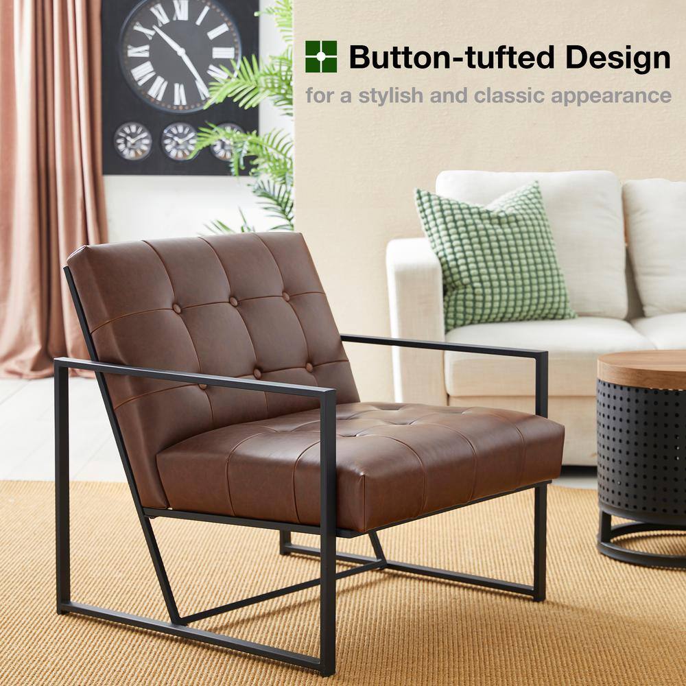 Modern Distressed Brown Faux Leather Button-Tufted Accent Chair