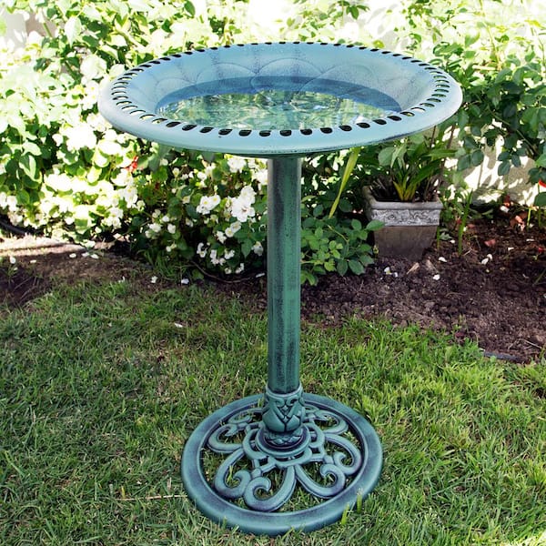 28 in. Tall Outdoor Birdbath with Scrollwork Decoration Yard Statue