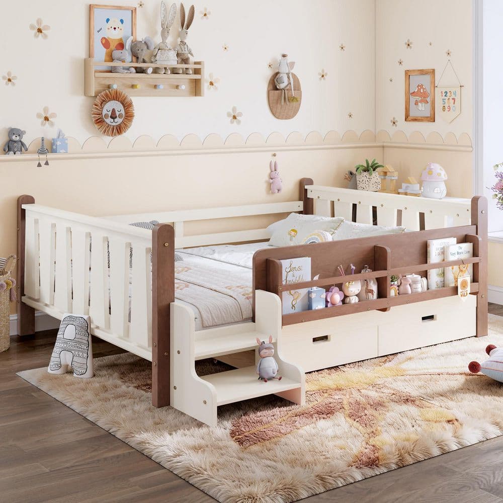 Beige Wood Frame Full Size Platform Bed with Storage Bookcases and Drawers